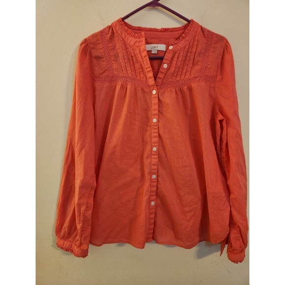 Loft‎ Women’s Large Button Front Top Ruffle / Pleating Coral 100% Cotton, Pleats - Picture 1 of 11